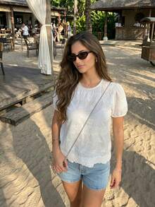 2026夏季新款法式珍珠短袖T恤，镂空刺绣女式衬衫，白色 - 白色 - 查看 5