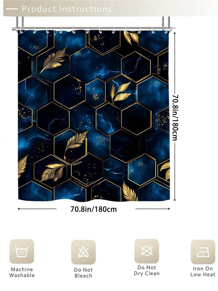 1/4 件套六边形金箔图案浴室浴帘套装，奢华几何艺术风格，包含 12 个挂钩，72 英寸 x 72 英寸。套装还包含马桶盖、浴垫和地毯。采用优质涤纶面料，可水洗且防霉。适用于节日装饰、浴室、房间、卧室装饰、浴室配件、厨房装饰、西式卧室窗帘、西式住宅以及母亲节主题装饰。 - 多色 - 查看 10