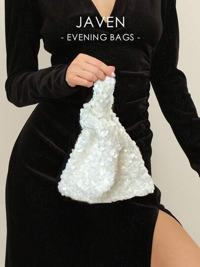 Fashionable Solid Color Elegant Versatile White Sequin Asymmetrical Shaped Clutch Bag, Shiny Handbag Suitable For Party, Wedding, Gathering, Ball