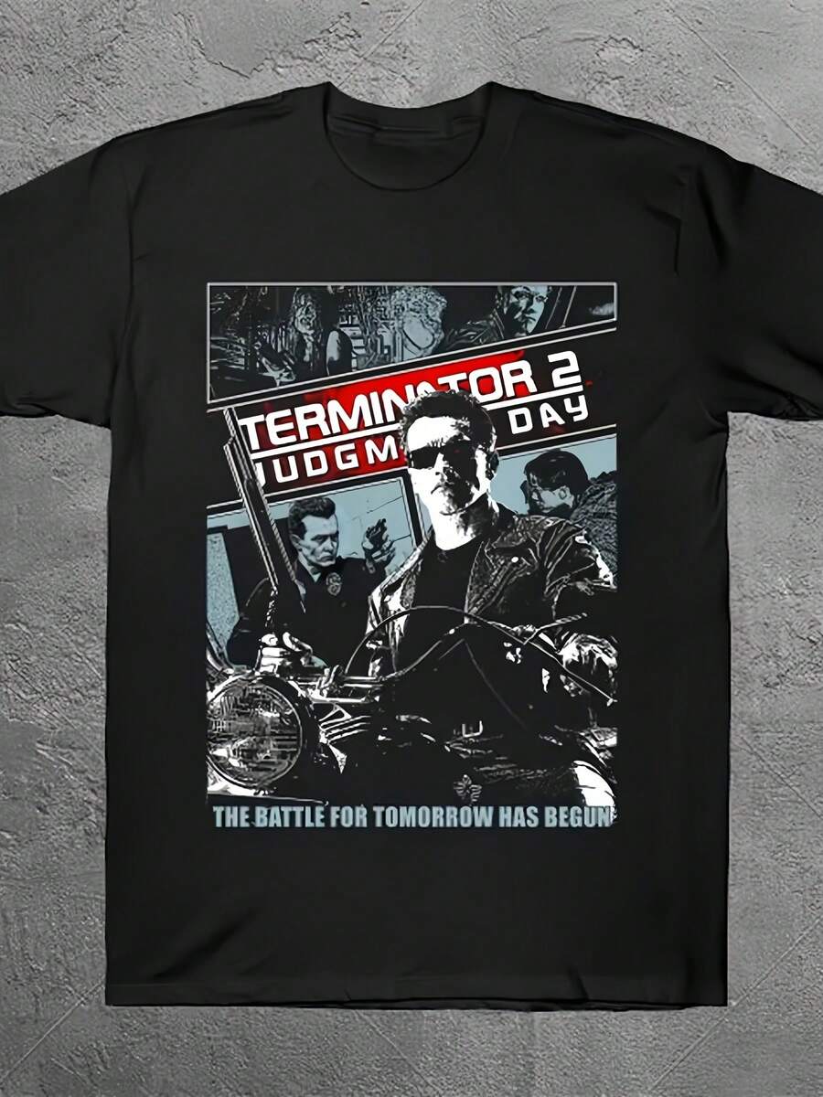 Mens Terminator 2 Judgment Day Graphic T-Shirt - 100% Cotton Black Crew Neck Short Sleeve Tee With Iconicie Print &  The Battle For Tomorrow Has Begun  Slogan - Casual Streetwear For Spring