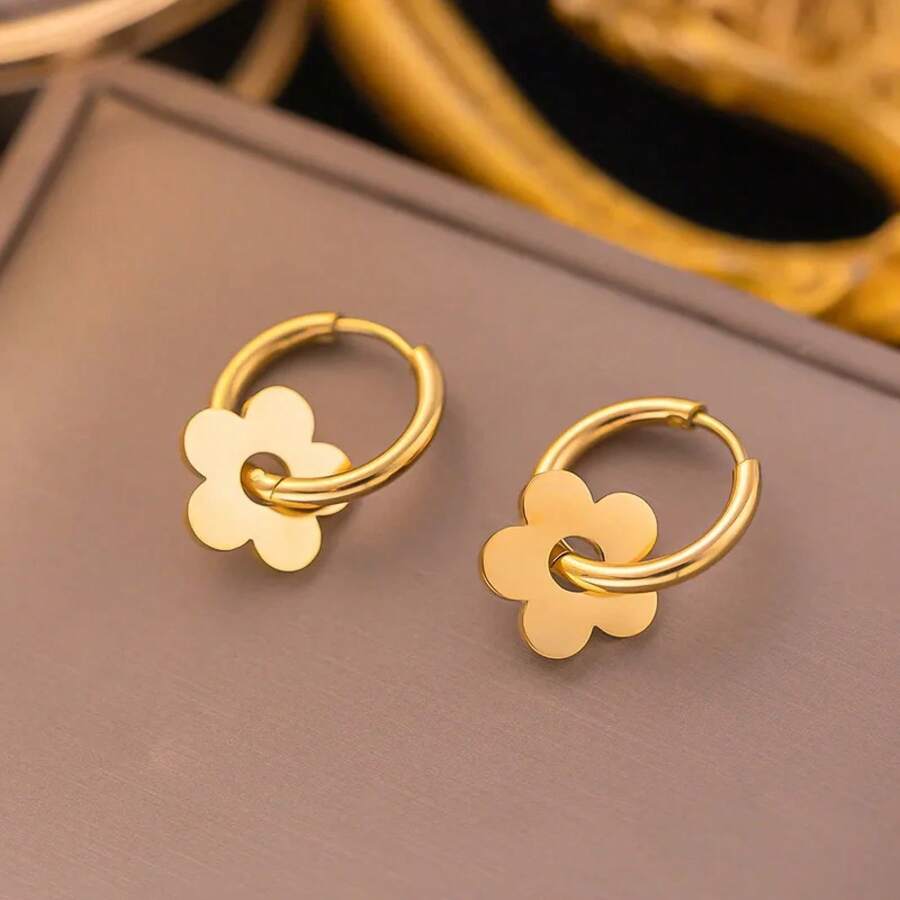 Cute Floral Huggie Earrings, Gold & Silver Tone, Dainty Daily & Office Wear Jewelry For Sweet Style - Màu thép - Xem 1