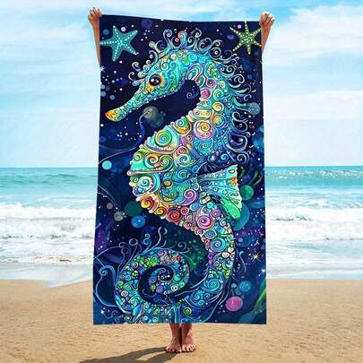 1 chiếc khăn tắm biển sợi siêu mịn với họa tiết cá ngựa mộng mơ, sợi siêu mềm nhanh khô, thiết kế quấn chắc chắn, thích hợp sử dụng ở bãi biển và hồ bơi.