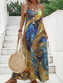 Dreamy Starry Sky Print Spaghetti Strap Maxi Dress, V-Neck Sleeveless Breathable Summer Dress, Bohemian Style Essential For Beach Vacation Elegant - Sea Blue - View 5