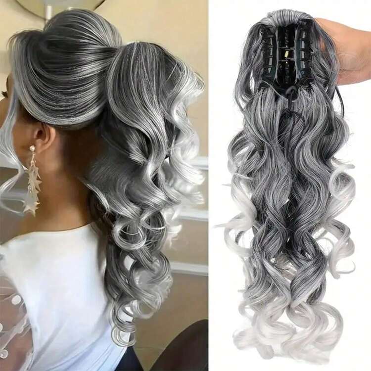 蓬鬆捲曲馬尾夾式接髮片，黑色棕色彈性捲髮配件，適合女性夏季穿搭 - 彩色 - 查看 5