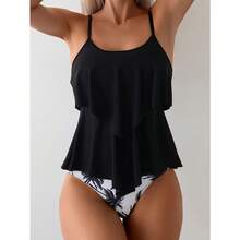 Local Delivery-New European And American Women'S Two-Piece Swimsuit Tankini Triangle Pants Coconut Tree Print Solid Color Swimwear For Women - Black - View 1