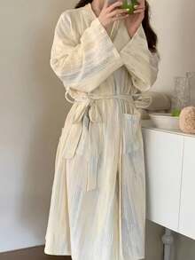 Áo choàng ngủ nữ kiểu Hàn Quốc thanh lịch, cổ chữ V, cổ kimono, thắt eo, dài đến đầu gối, thích hợp cho mùa xuân và mùa thu. - Nhiều màu - Xem 8