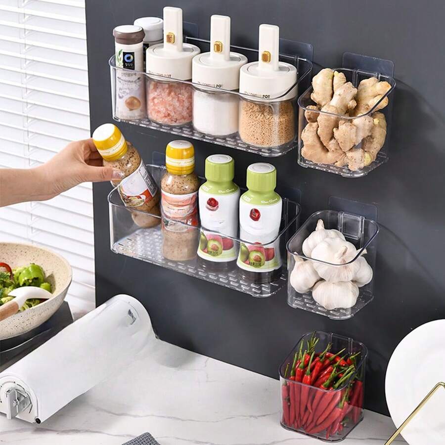 1pc Transparent Wall-Mounted Kitchen Spice Rack, No Drilling Needed Onion Ginger Garlic Storage Rack, Seasoning Compartment Storage Basket, Bathroom Multi-Function Compartment Storage Box For Cosmetics & Toiletries