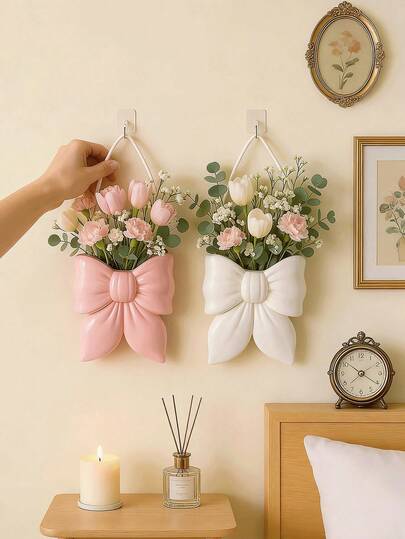 1pc Pink/White Bowknot Hanging Vase, Decorative Vase Suitable For Hanging On Wall In Living Room, Bedroom, Balcony