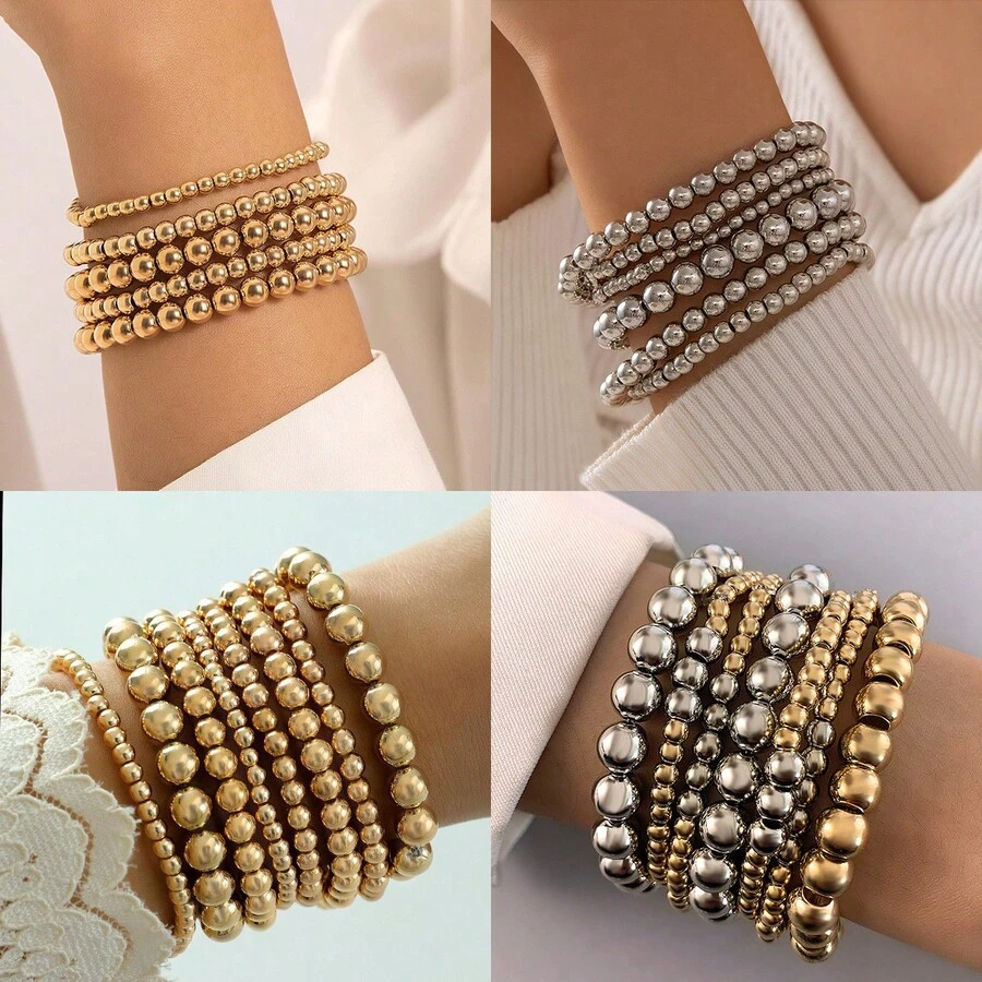 4/12 chiếc vòng tay hạt vàng, vòng tay đính hạt, vòng tay hạt tròn sáng bóng, vòng tay vàng có thể đeo chồng lên nhau. - Nhiều màu - Xem 1