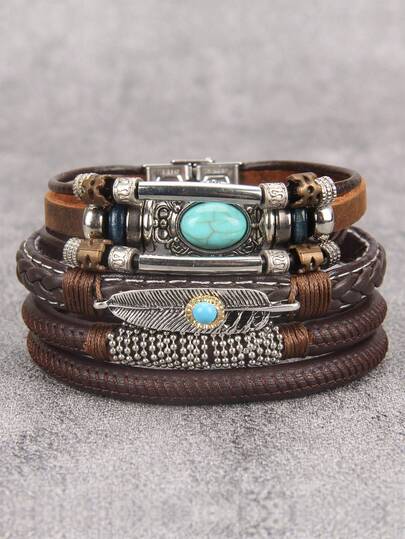 Bộ 3 chiếc vòng tay trang sức hạt gỗ phong cách Bohemian, vòng tay hình đầu lâu và mặt dây chuyền kim loại, dây bện và hạt, vòng tay da dành cho nam, thích hợp để đeo hàng ngày và dự tiệc.
