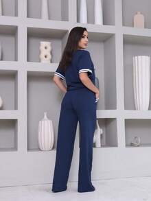 Women's Striped Set - Pants And Top In Lightweight Fleece With White Details - Comfortable Style - Navy Blue - View 3
