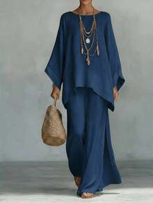 Women Two Piece Outfit Batwing Sleeve Asymmetrical Hem Top Wide Leg Pants Set - 藏蓝色 - 查看 1