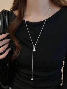 Korean Minimalist Adjustable Silver Water Drop Tassel Necklace, Versatile Elegant Layered Titanium Steel Choker Necklace Accessory For Women - Silver - View 5