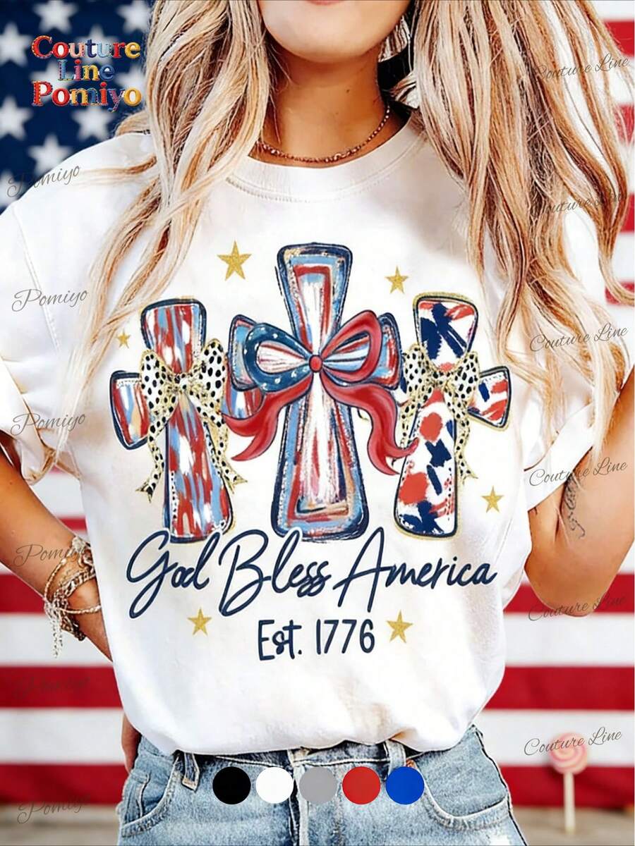 American 250th Anniversary Celebration Apparel Graphic Tees Round Neck T-Shirt, "God Bless America" T-Shirt, USA 250th Anniversary Birthday Gift T-Shi - 白色 - 查看 1