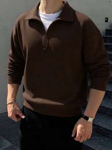 1 chiếc áo nỉ dài tay nam dáng rộng, cổ nửa khóa kéo, màu trơn, chất liệu nhẹ. - Màu nâu Sô-cô-la - Xem 1