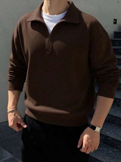 1pc Men's Loose Fit Half-Zip Collar Lightweight Solid Color Long Sleeve Sweatshirt