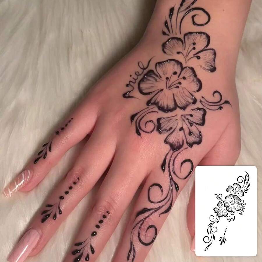 1pc Fashionable Washable Vintage Floral Henna Temporary Tattoo, Waterproof Long-Lasting Faux Hand Back Black & Gray Floral Tattoo Sticker, Suitable For People - Black - View 1
