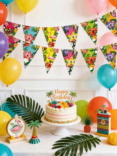 12pcs Tropical Hawaiian Party Decorations Bunting Banner, Colorful Floral Paper Pennant Garland With Flamingo And Leaf Patterns, Suitable For Wedding, Baby Shower, Bachelorette Party, Birthday Party, Hang On Wall And Ceiling, Festive Event Decor, Vibrant Party Banner, Multicolor Triangular Flags