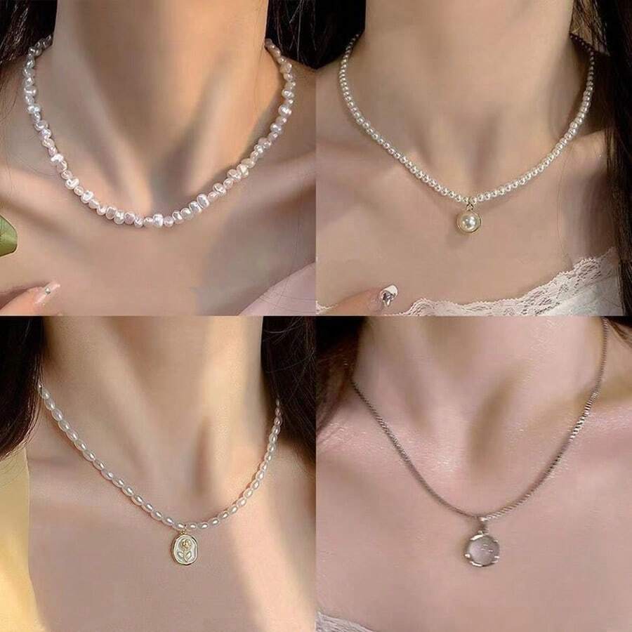 Bộ 4 dây chuyền ngọc trai, dây chuyền ôm sát cổ tinh tế, dây chuyền tối giản sang trọng dành cho nữ. - Vàng - Xem 1