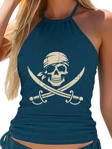 Women'S Tankini Swimwear Featuring A Pirate Skull And Crossbones Design, Perfect For Halloween And Rave Parties. This Elegant Bathing Suit Is Ideal For Beach Outings, Pool Gatherings, And Water, Showcasing A Cute Style, Durable Fabric - Lake Blue - 查看 2