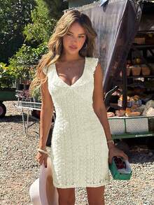 French Elegant Lace White Fitted Slim Dress Summer - Apricot - View 3