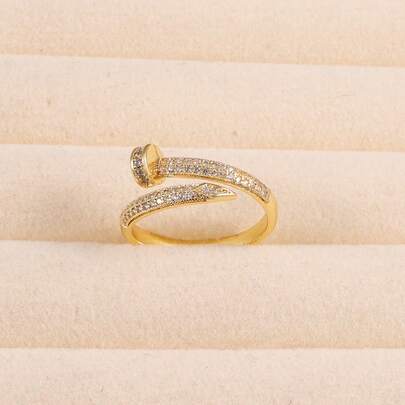1 pièce Bague de doigt minimaliste ouverte avec strass, bague de cuivre enveloppante géométrique élégante, création de luxe faite main avec incrustation, style luxe léger haut de gamme