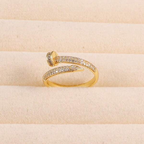 1 pièce Bague de doigt minimaliste ouverte avec strass, bague de cuivre enveloppante géométrique élégante, création de luxe faite main avec incrustation, style luxe léger haut de gamme