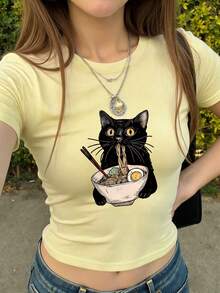 夏季新款极简时尚吃面猫印花休闲圆领短袖收腰T恤，百搭时尚女式度假上衣 - 黃色 - 查看 1