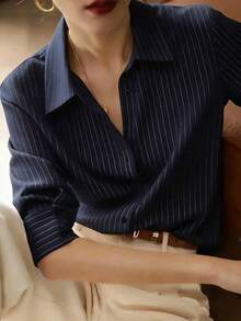 YUXIN 春秋新款宽松时尚蓝色条纹优雅长袖衬衫，设计感十足的通勤工作服修身百搭衬衫 - 藏蓝色 - 查看 9