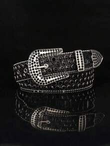 A Men's Multicolor Punk Y2K Denim Rock Laser Rhinestone-Embedded Belt, Suitable For Daily Wear - Silver - View 1