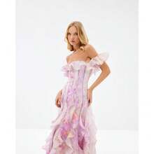 Elegant And Stylish, This Beach Vacation-Style Halter Dress Features A French Ruffled Skirt, Creating A Romantic And Ethereal Vibe With Its Flowing, Fairy-Like Silhouette - Hồng - Xem 6