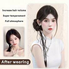 传统汉服假发 - 古风侧扎龙须发髻，配以扭辫和卷曲马尾，旗袍服饰发饰，适用于中国新年、文化活动（含可调节头箍） - 彩色 - 查看 3