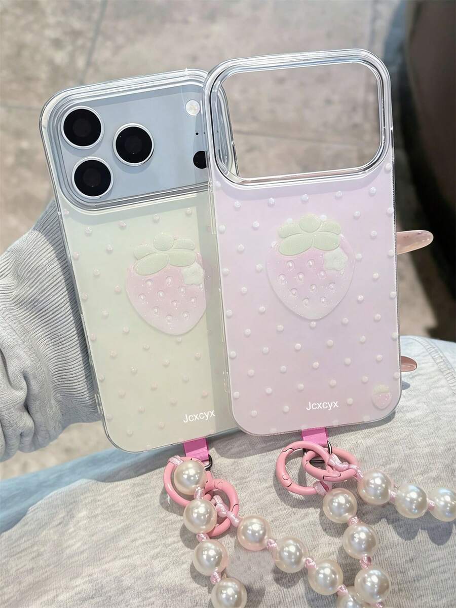 Ốp lưng điện thoại họa tiết chấm bi dâu tây Y2K cho iPhone 17 Pro Max, 17 Pro, 17, 16 Pro Max, 16 Pro, 16, 15 Pro Max, 15 Pro, 14 Pro Max, 14 Pro, 13, 12 Pro Max, 11, 16, 15, 14 Plus, kèm dây đeo cổ tay, màu Macaron, chất liệu nhựa dẻo bảo vệ.