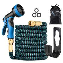 25/50/75/100FT Expandable Garden Hose Kit With 10-Function High-Pressure Spray Nozzle, 3/4 Solid Brass Leakproof Fittings, All-Season Outdoor Hose Cleaning, Gardening & Forestry, Forestry Applications, Vibrant Patterned Hose, Brass Connectors, Green/Blue Color - Blue - 查看 1