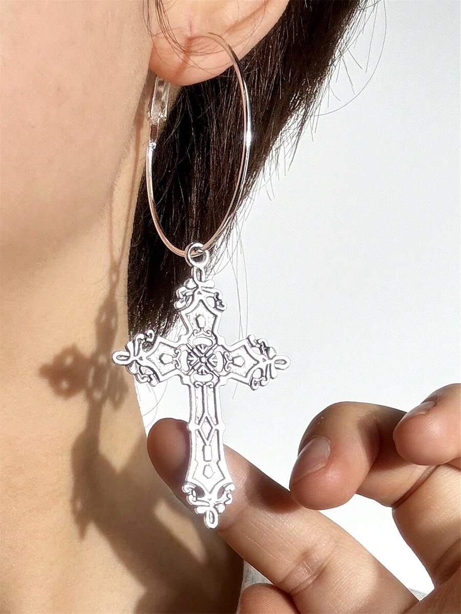 Pendientes de aro con cruz, estilo gótico punk, minimalistas y personalizados, aros extra grandes - Plateado - Ver 1