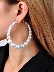 Faux Pearl Decor Hoop Earrings - 白色 - 查看 1