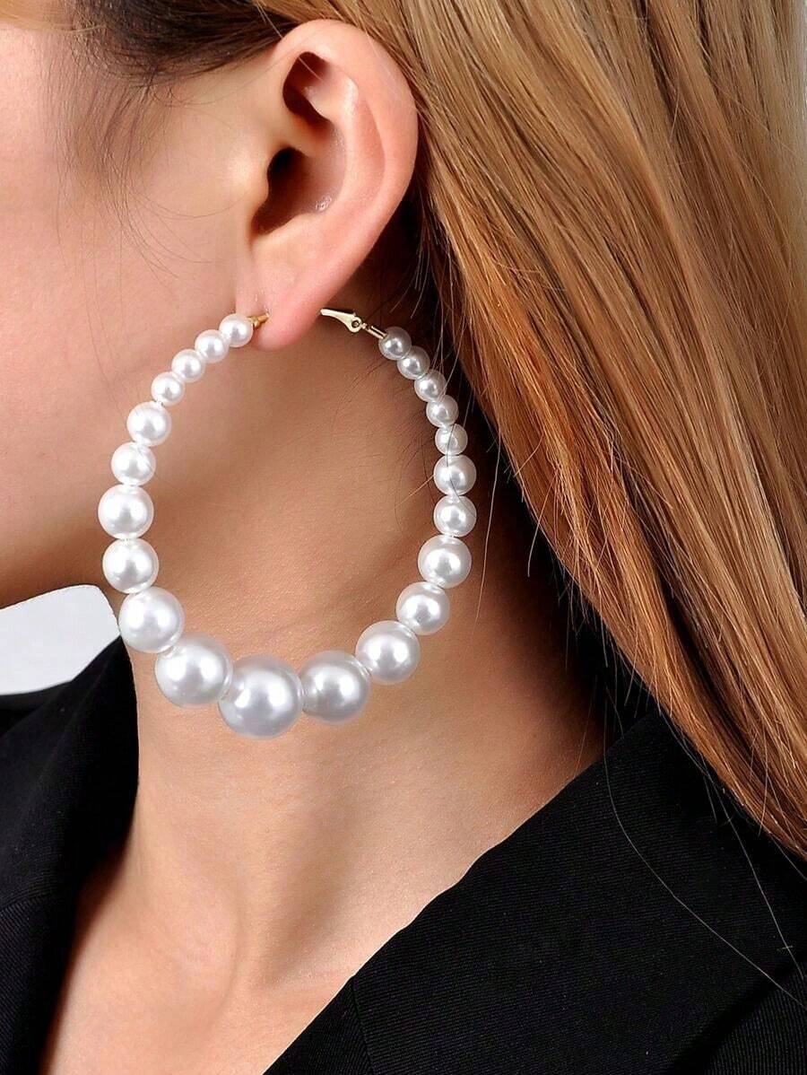 Faux Pearl Decor Hoop Earrings - 白色 - 查看 1