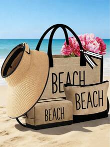 Women's Beach Tote Bag Set, Includes "BEACH" Canvas Bag, Khaki Wavy Beach Sun Hat, Tote Bag, Cosmetic Bag, Wide Brim Sun Hat, Bow Outdoor Travel Hat, Suitable For Spring/Summer Beach Use, Adjustable - Multicolor - View 4