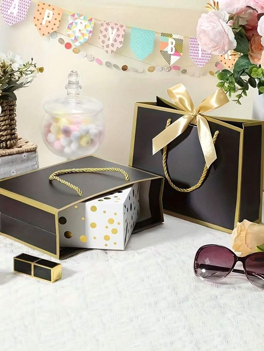 Gift Bags With Handles, Black Bags With Bow Ribbon Suitable For Wedding, Birthday, Bridesmaid, Groomsman, Party Favors, Thanksgiving, Father's Day, Mother's Day, Graduation, Available In 3 Sizes - Multicolor - View 1