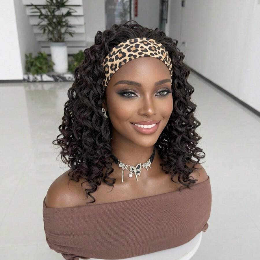 Curly Headband Wigs For Women,Headband Wig Deep Curly Wave Half Wigs Synthetic Glueless Short Natural Black 12Inch - 1b/33# - Xem 1