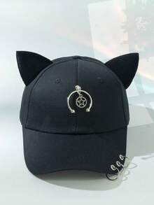 1顶猫耳金属链装饰趣味Y2K棒球帽，夏季沙滩帽 - 黑色-437 - 查看 1