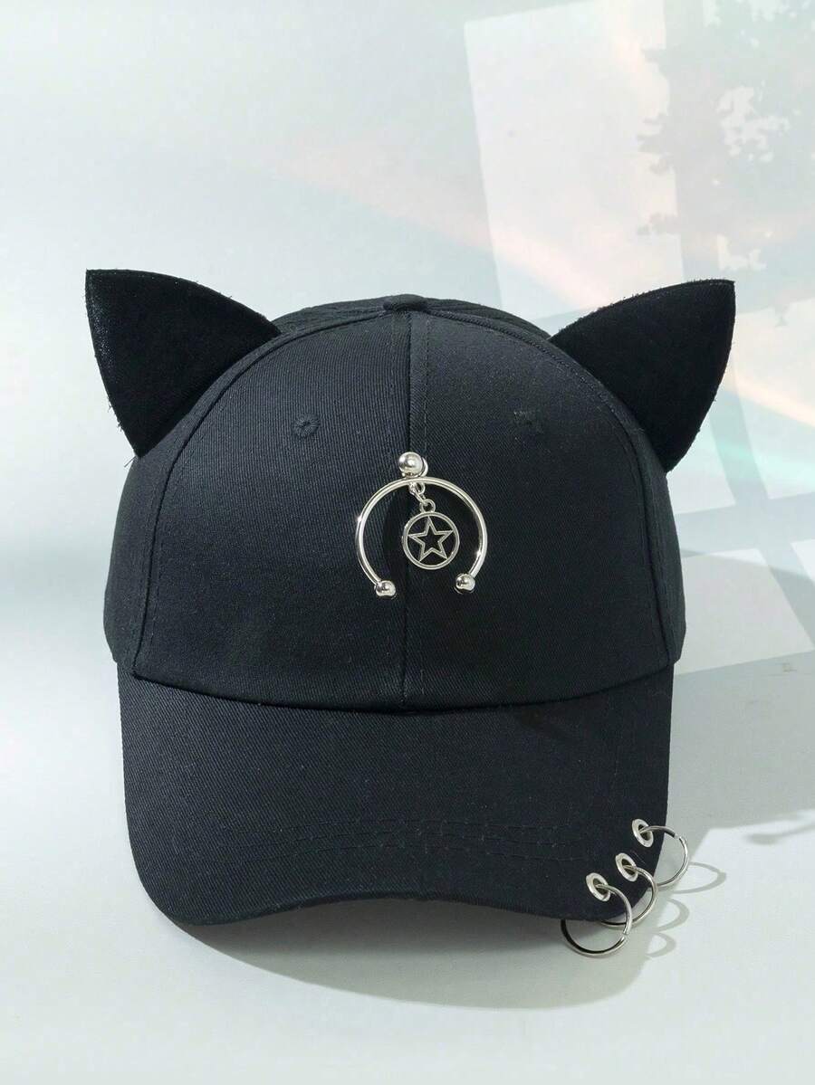 1顶猫耳金属链装饰趣味Y2K棒球帽，夏季沙滩帽 - 黑色-437 - 查看 1