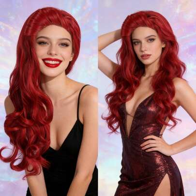 Tóc giả cosplay dài, gợn sóng, màu đỏ tươi, làm từ sợi tổng hợp - Tóc giả xoăn chịu nhiệt với mái xéo cho nữ - Hoàn hảo cho các dịp lễ, sự kiện hóa trang công chúa, tiệc theo chủ đề, Comic Con và sử dụng hàng ngày - Tóc giả gợn sóng bồng bềnh tự nhiên với mái kiểu cổ điển, sợi chịu nhiệt cao - Dễ tạo kiểu và bảo quản