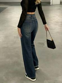 Jeans rectos y sueltos de moda casual y de uso diario para mujer, primavera - Azul Marino - Ver 4