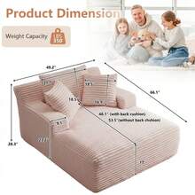 66'' Chaise Lounge Chair Indoor, Corduroy Boneless Sofa Bed, Deep Seat Sleeper Couch Reading Chairs For Bedroom Living Room, Movie Room, No Assembly - 粉色 - 查看 7