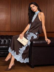 Luxury Women's Mid-Length Brown Polyester Non-Sheer Skirt With Delicate Lace Trim - Coffee Brown - View 8