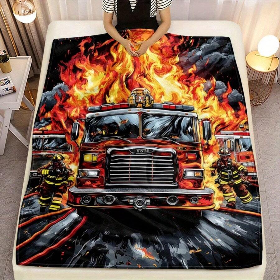 1pc Fire Truck Blanket - Lightweight Flannel Throw With Vibrant Digital Print, 280gsm Soft Warm Fabric For Sofa, Bed, Travel &  - All-Season Cozy Home Decor, Fire Truck Bedding, Travel Blanket, Bold Pattern, Durable Material, Versatile Blanket, Travel Essentials - Mixed Colors - View 1
