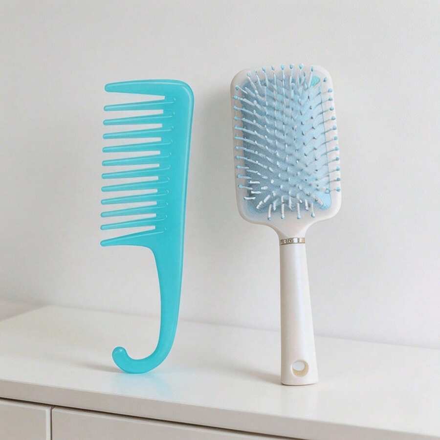 2pcs Cream Blue & Mint Green Hair Brush Set, Includes Cushion Brush, Wide-Tooth Comb, Anti- Brush, Scalp Massage Brush, Anti-Static Hair Brush, Pastel Color Comb, Cute Aesthetic Hair Brush, Portable Brush, Hook Handle Brush, Suitable For Women & Girls, Suitable For All Hair Types Beauty Home Bedroom Decor Travel Accessories Hair Styling Kit Hair Tool Kit - Airbag Massage Comb - View 1