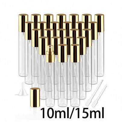 10/15毫升透明玻璃香水样品瓶，配金色按压泵头，迷你空细雾喷雾器，便携式精油喷雾瓶，空瓶，面部喷雾，保湿瓶，旅行装化妆品容器，补充装，干净卫生，旅行和商务出行必备，情人节，婚礼季，伴手礼，伴娘礼物
