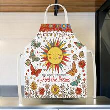 一件厨房围裙，印有太阳、花朵和蝴蝶图案，适用于厨房、客厅、餐厅、酒店、户外烧烤等场所，100% 涤纶材质，可机洗。 - 彩色 - 查看 5